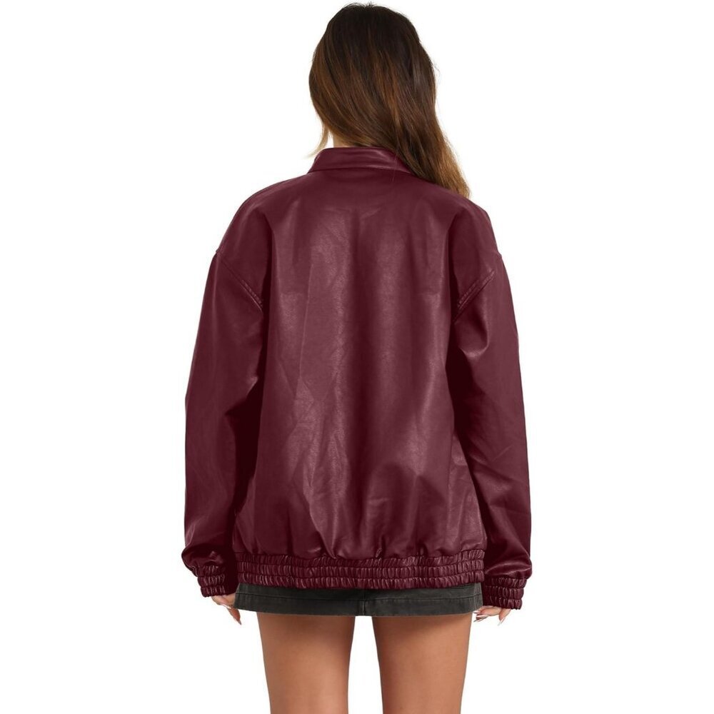 Women's Red Faux Leather Jacket Oversized Motorcycle Bomber Fashion Outfits - Picture 4 of 4